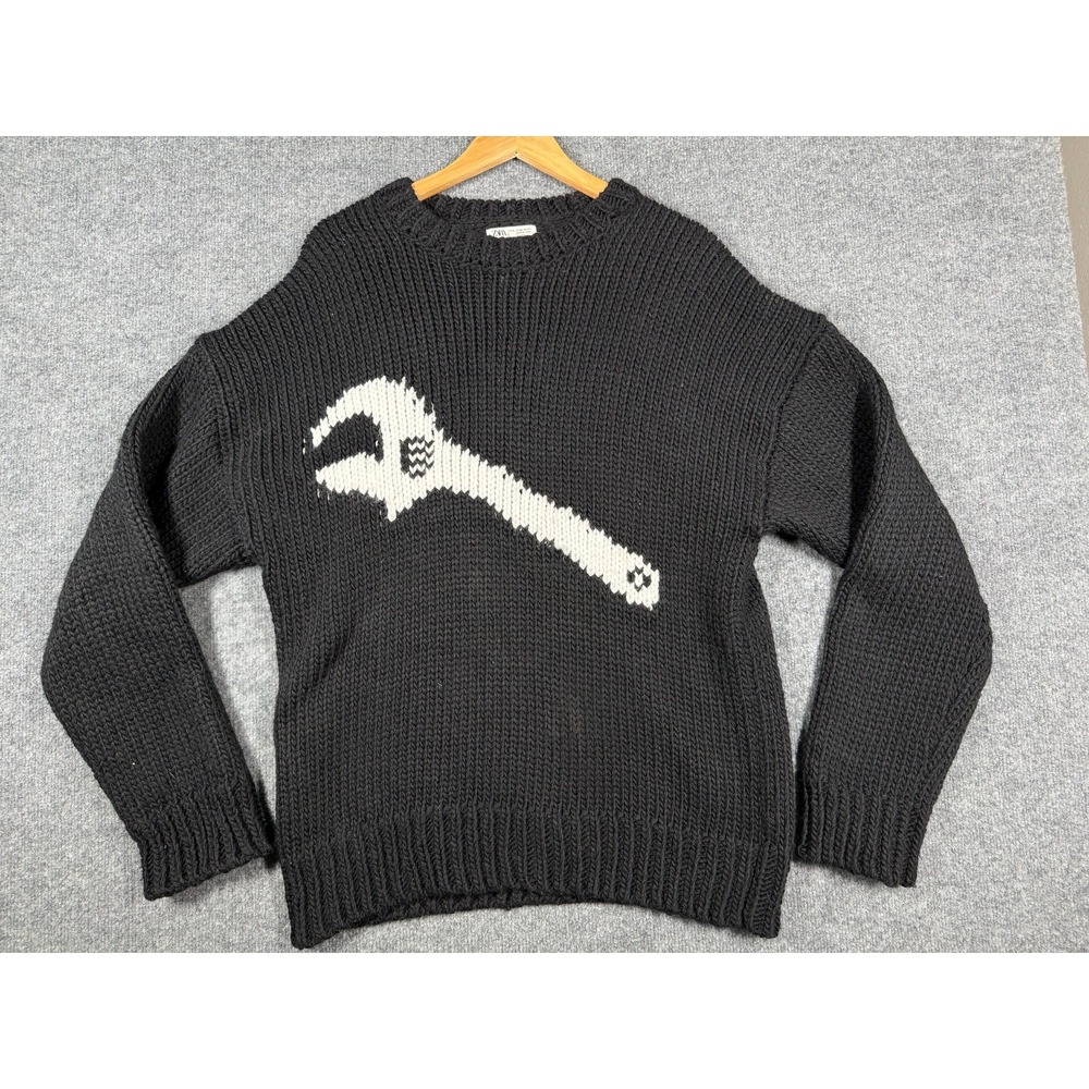 Zara Oversized Sweater Mens XL Black Knit Wrench Crew Neck Grunge Streetwear